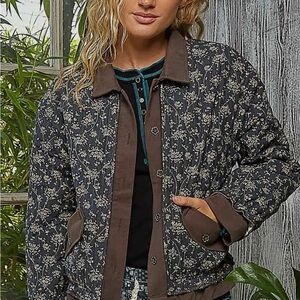 POL Black and Brown Quilted Floral Utility Jacket